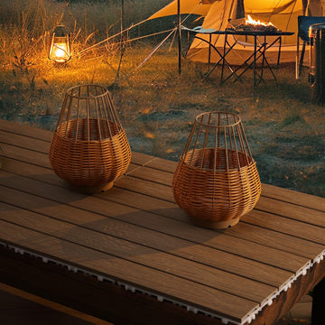 Elian 10" Modern Rustic Decorative Indoor/Outdoor Faux Wicker Rechargeable/Cordless Dimmable Integrated LED Table Lamp, Set of 2
